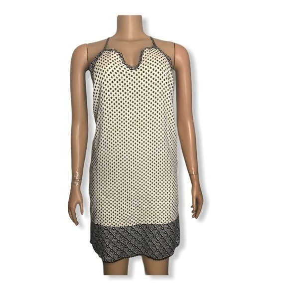 Skies are Blue Shift Dress Printed Halter Split-Neck cream black Border size M - Picture 3 of 15